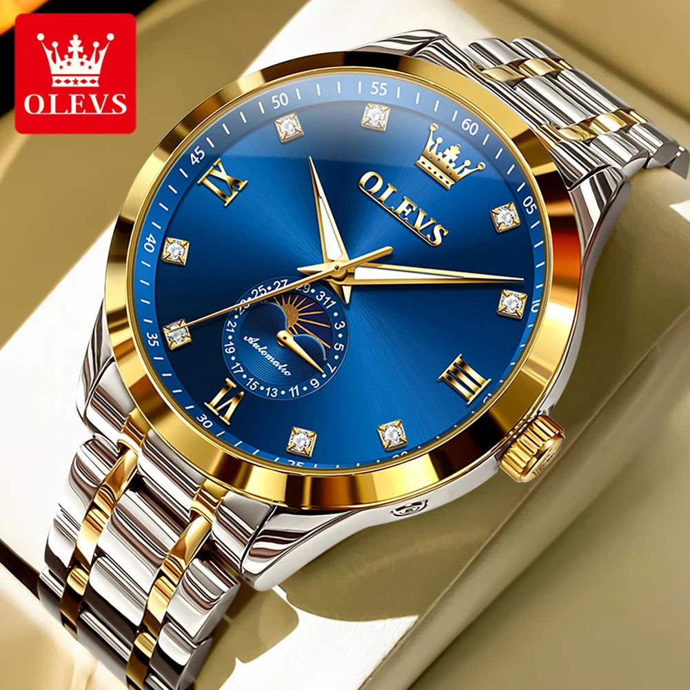 OLEVS 7041 Automatikuhr Herren Mondphase Mechanische Uhr für Herren Luxus Datum Wasserdicht Business Herrenuhr Diamantskala