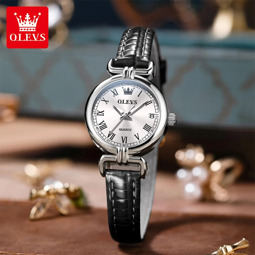 OLEVS 5645 Damenuhr Lederarmband Datum Quarzuhr für Damen Hochfeste Spiegelskala im römischen Stil Mode Damenuhr