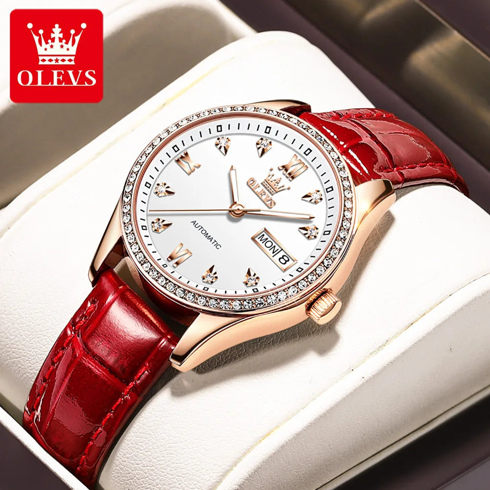 OLEVS 6637 Damenarmbanduhren Wasserdichte Dual-Kalender Mechanische Uhr für Frauen Original Diamant-Skala Leuchtende Luxus-Handuhr