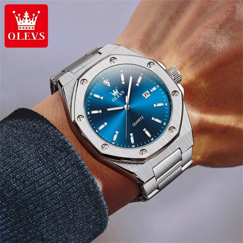 OLEVS 3613 Uhr für Herren, original luxuriös, Datum, Leuchtzeiger, Quarz, Business, Armbanduhr, wasserdicht, Edelstahlarmband, Herrenuhr