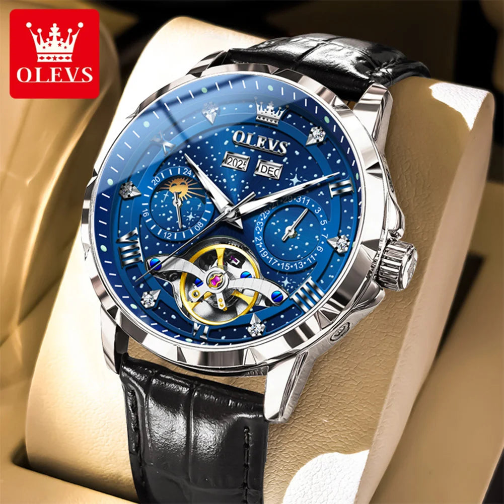 OLEVS 6690 Herrenuhr, hohle Mode-Datumsuhr, mechanische Uhr für Männer, Mondphase, tief wasserdicht, leuchtend, Original Herren Armbanduhr