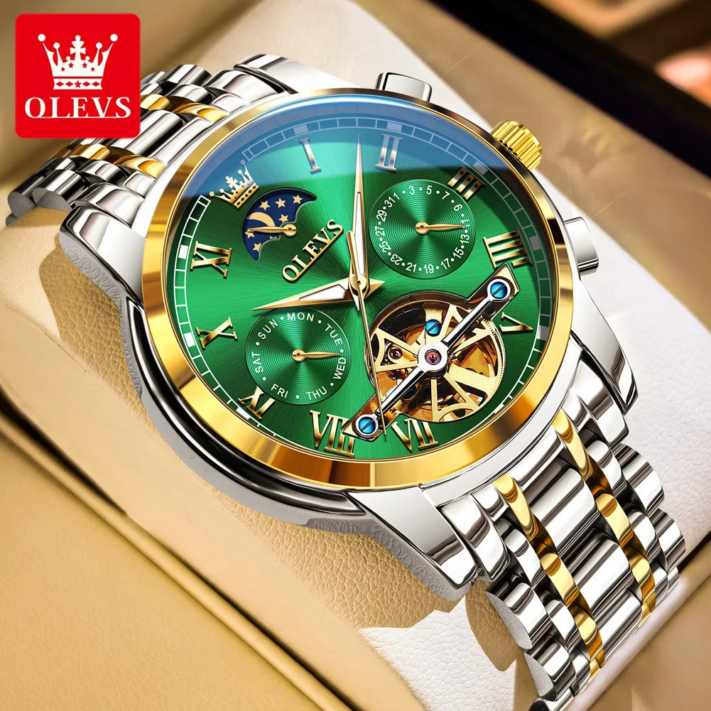 OLEVS Herrenuhren Mondphase Luxus-Edelstahl-Schwungrad Mechanische Handuhr Datum Wasserdicht Leuchtende Herrenuhr 6617