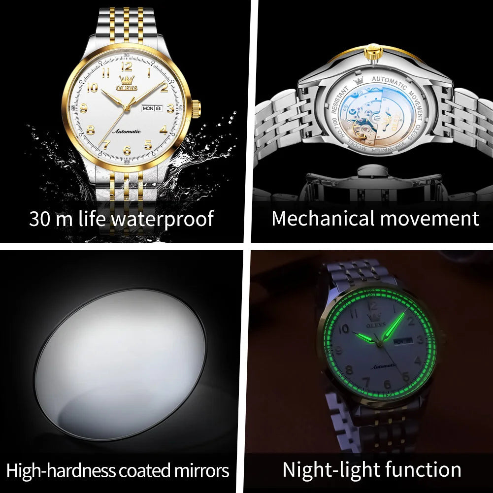 OLEVS Herren Luxus Mechanische Armbanduhren für Herren Wasserdichte Leuchtende Dual-Kalender Uhren Edelstahl-Uhr 7100