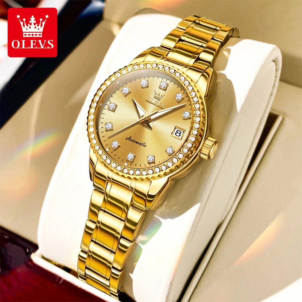 OLEVS 7003 Damen Automatikuhr Diamant-Skala Mechanische Uhr für Damen Stahlarmband Luxus Datum Damenuhr Wasserdicht