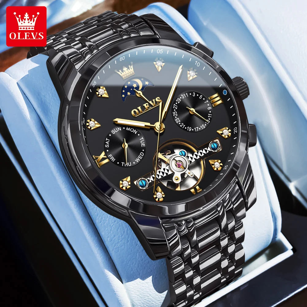 OLEVS Herrenuhren Business Mondphase Luxus Automatische Mechanische Uhr Für Herren Wasserdicht Edelstahl Woche Datum Uhr 6678