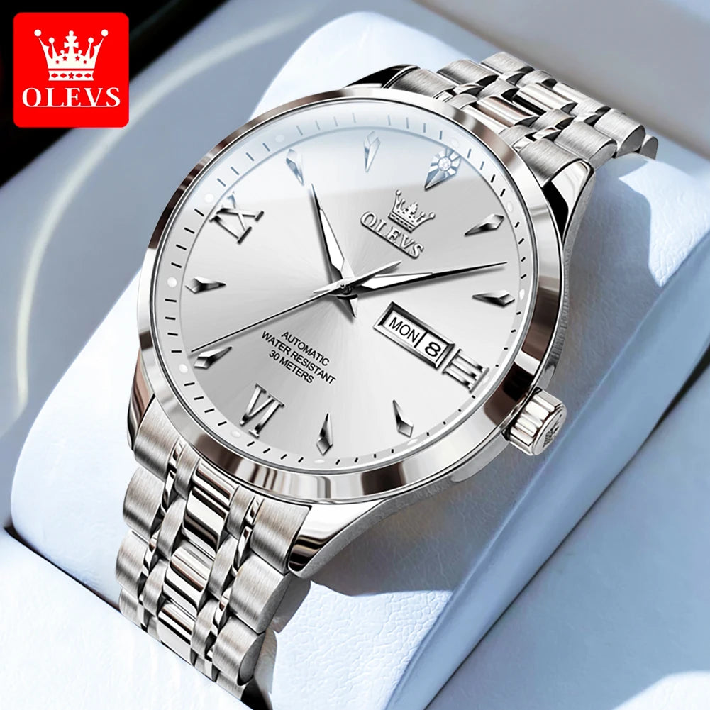 OLEVS Uhr für Herren Mechanische Uhr Großes Zifferblatt Wasserdichte Herren Luxus Original Wochenkalender Geschäftsmann Handuhr 9956 Reloj
