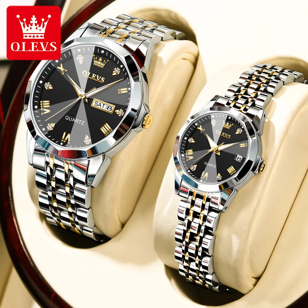 OLEVS 9931 Uhr für Herren und Damen Römische Skala Quarz-Paaruhr Rhombus-Spiegel Automatisches Datum Armbanduhr Luxus Wasserdichte Handuhr