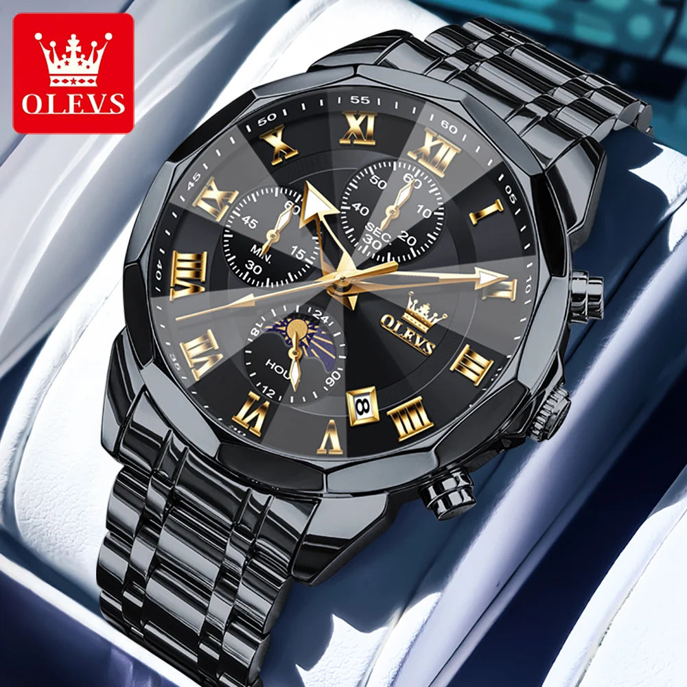 OLEVS 3675 Watch For Men Roman Scale Luxury Rhombus Mirror Chronograph Man Hand Clock Moon Phase Date Waterproof Quartz Watches