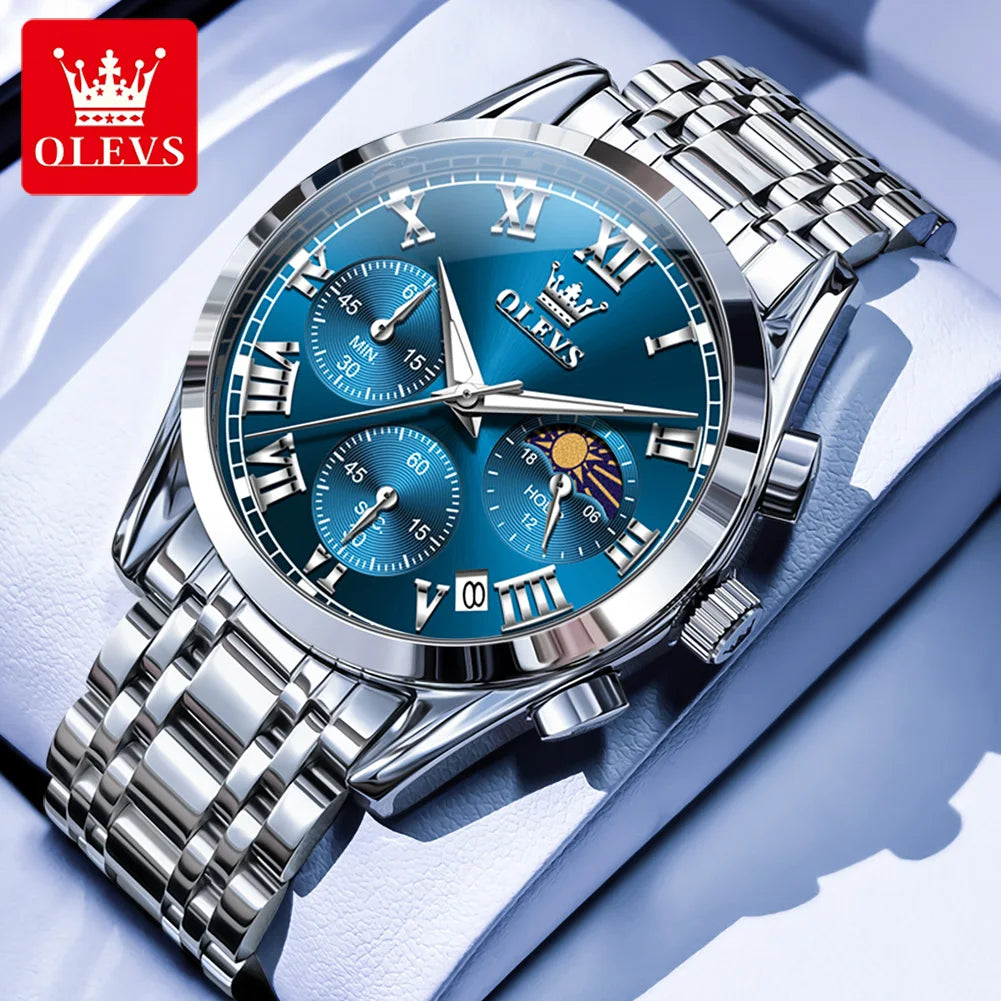 OLEVS 2871 Herrenuhr Original Kalender Mondphase Quarzuhr 30M Wasserdicht Edelstahl Herrenarmbanduhr Uhren für Herren