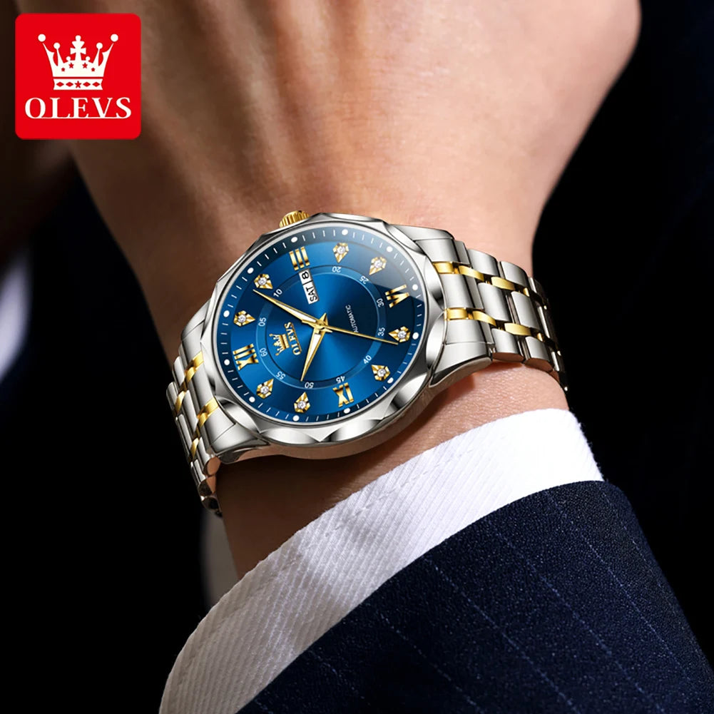 OLEVS 6727 Herren Automatikuhr Luxus Dual Kalender Mechanische Armbanduhr für Herren Zirkonskala Edelstahlarmband Wasserdichte Herrenuhr