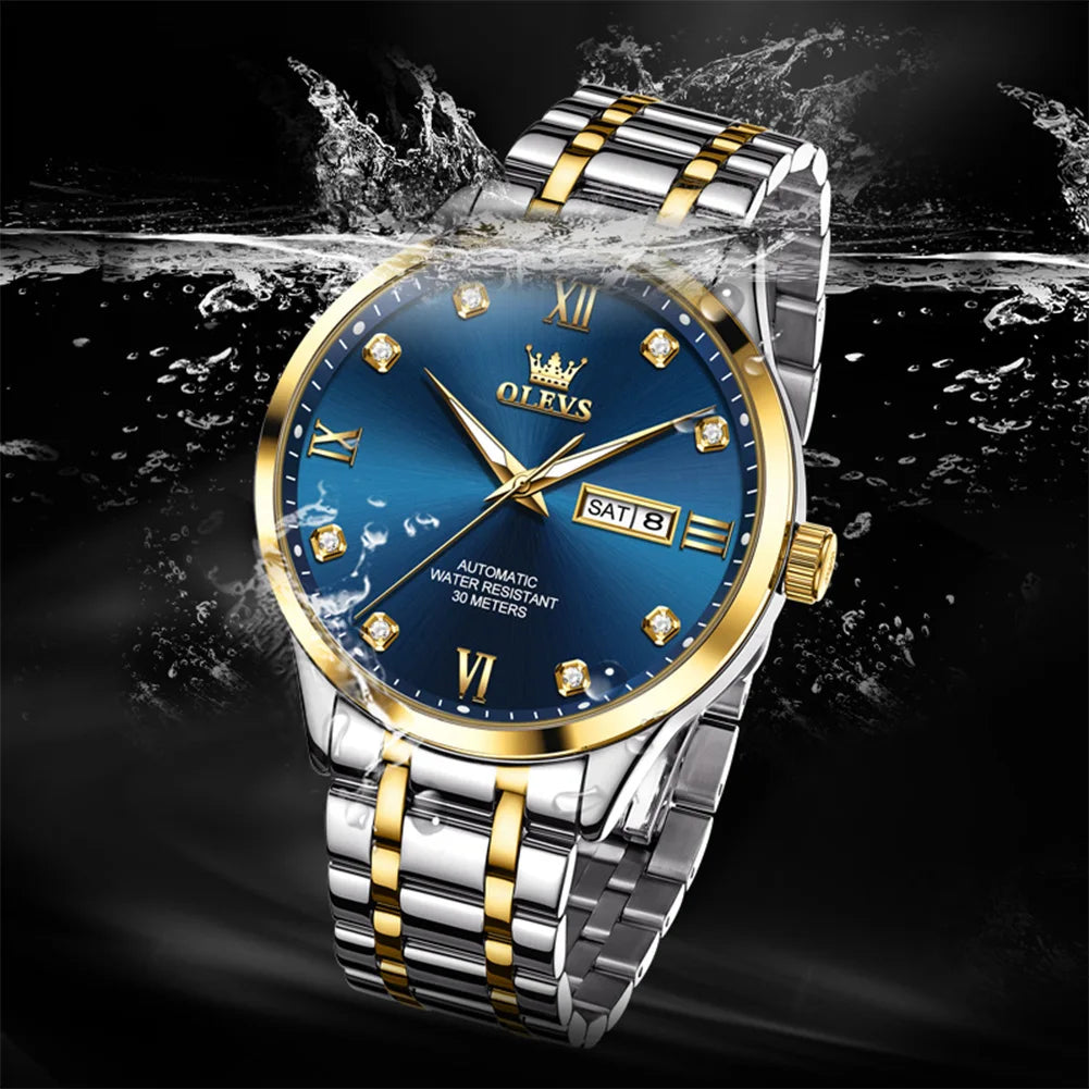 OLEVS Uhren Luxus Herren Business Diamantskala Automatik Mechanische Uhr Doppelkalender Wasserdicht Herren Armbanduhr 9946