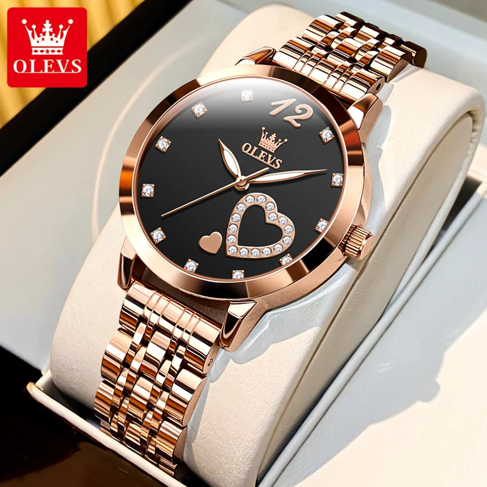 OLEVS 5189 Damenuhren Luxus Wasserdichte Quarzuhr für Damen Leuchtende Edelstahl Herzform Einfaches Zifferblatt Zeiger Uhr