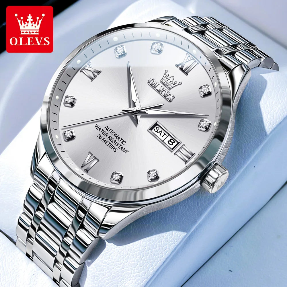 OLEVS Uhren Luxus Herren Business Diamantskala Automatik Mechanische Uhr Doppelkalender Wasserdicht Herren Armbanduhr 9946