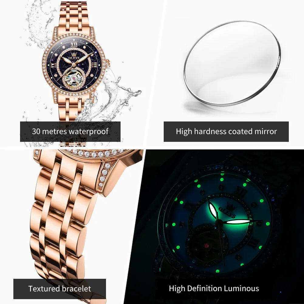 OLEVS Hollow Original Mechanical Watches For Women Diamond Luxury Automatic Hand Clock Waterproof Elegant Woman Dress Watches