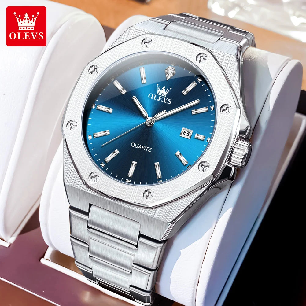 OLEVS 3613 Uhr für Herren, original luxuriös, Datum, Leuchtzeiger, Quarz, Business, Armbanduhr, wasserdicht, Edelstahlarmband, Herrenuhr