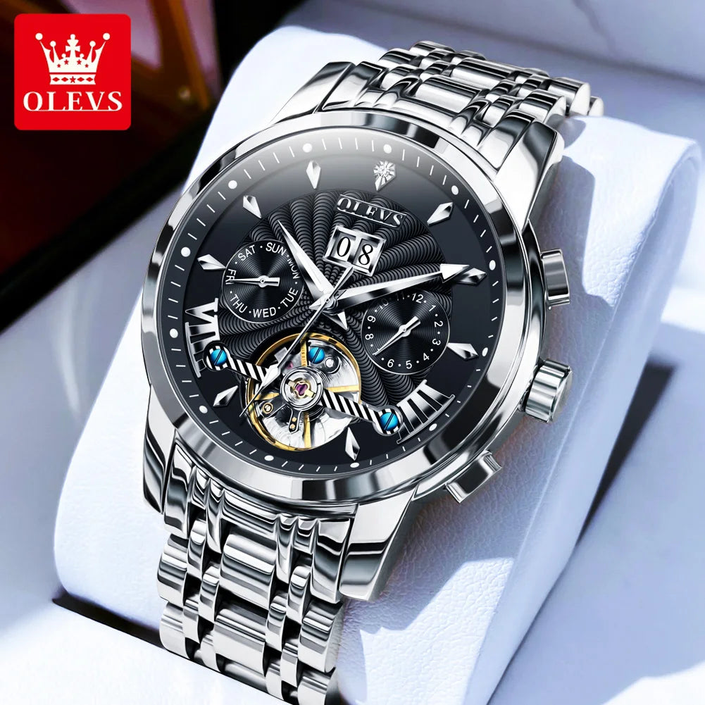 OLEVS 9965 Automatikuhr für Herren, Skelett, Schwungrad, wasserdicht, Herrenuhren, Wochenkalender, Luxus-Herren-Mechanik-Armbanduhr