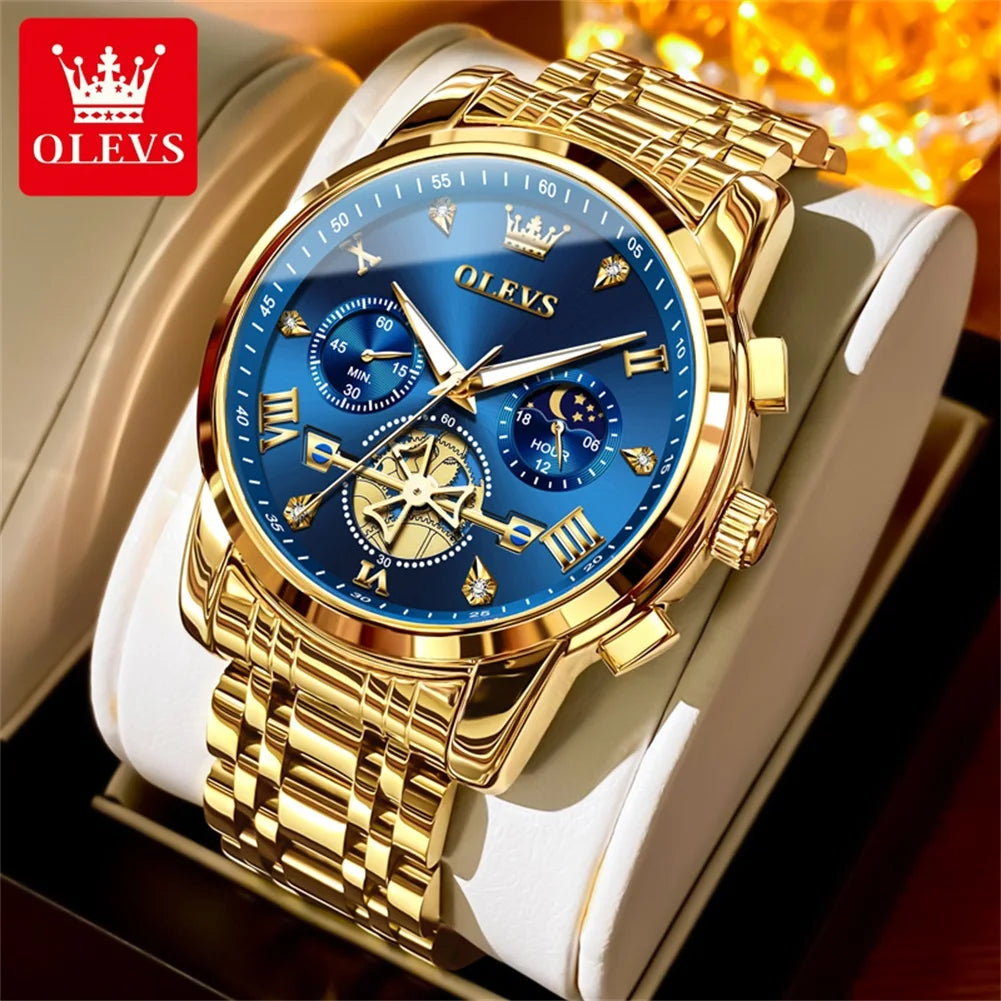 OLEVS 42mm Herrenuhr mit großem Zifferblatt, Mondphase, 24-Stunden-Anzeige, wasserdichte Quarz-Herrenarmbanduhr, Original Luxus Armbanduhr 2856