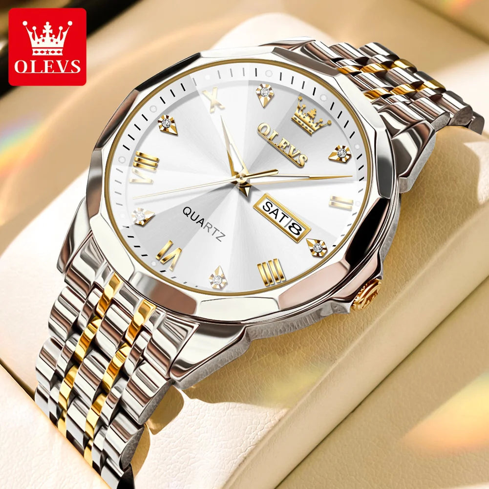 OLEVS 9931 Uhr für Herren und Damen Römische Skala Quarz-Paaruhr Rhombus-Spiegel Automatisches Datum Armbanduhr Luxus Wasserdichte Handuhr