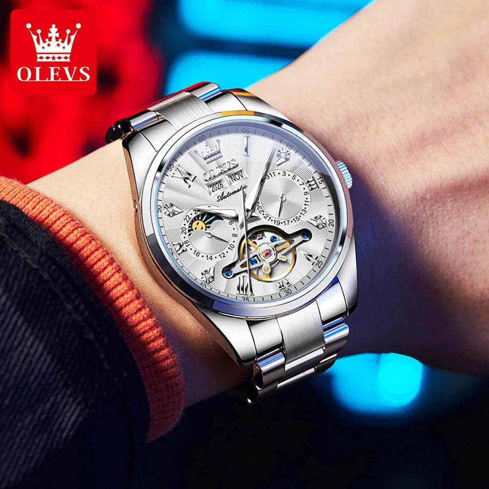 OLEVS 7028 Herren Automatikuhr Hohl Skelett Mechanische Uhr für Herren Wasserdicht Moonswatch Automatisches Datum Römische Skala Handuhr