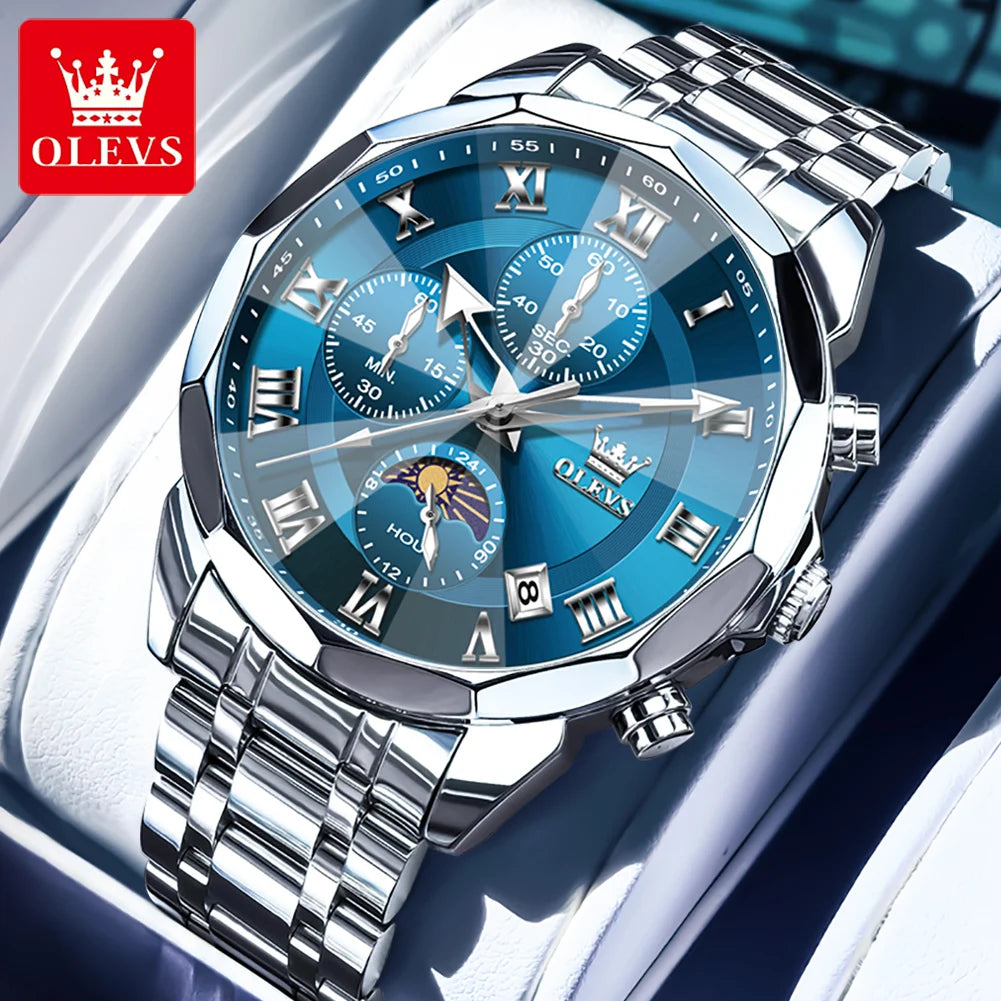 OLEVS 3675 Watch For Men Roman Scale Luxury Rhombus Mirror Chronograph Man Hand Clock Moon Phase Date Waterproof Quartz Watches