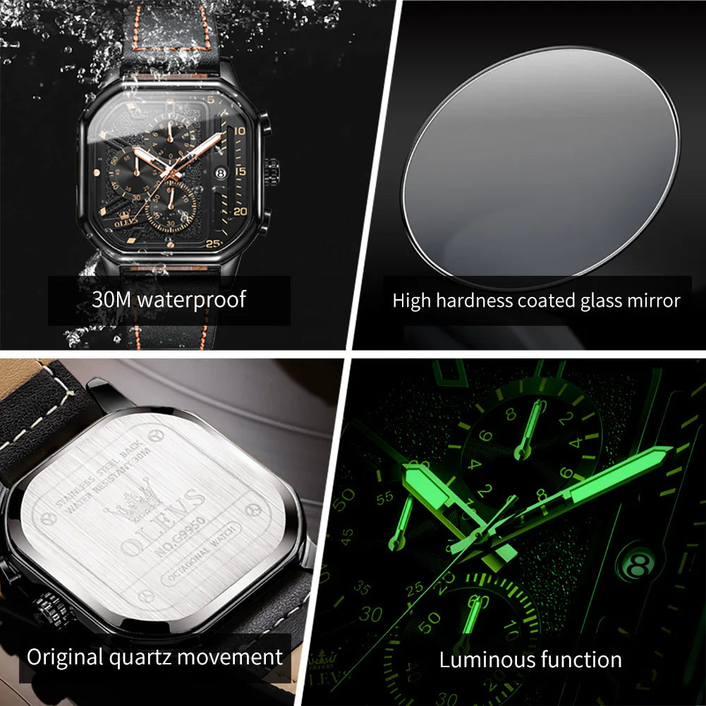 OLEVS Business Casual Fashion Watch Quadratische Quarzuhr Leder Datum Uhren für Herren Wasserdicht Leuchtend Herrenuhren 9950