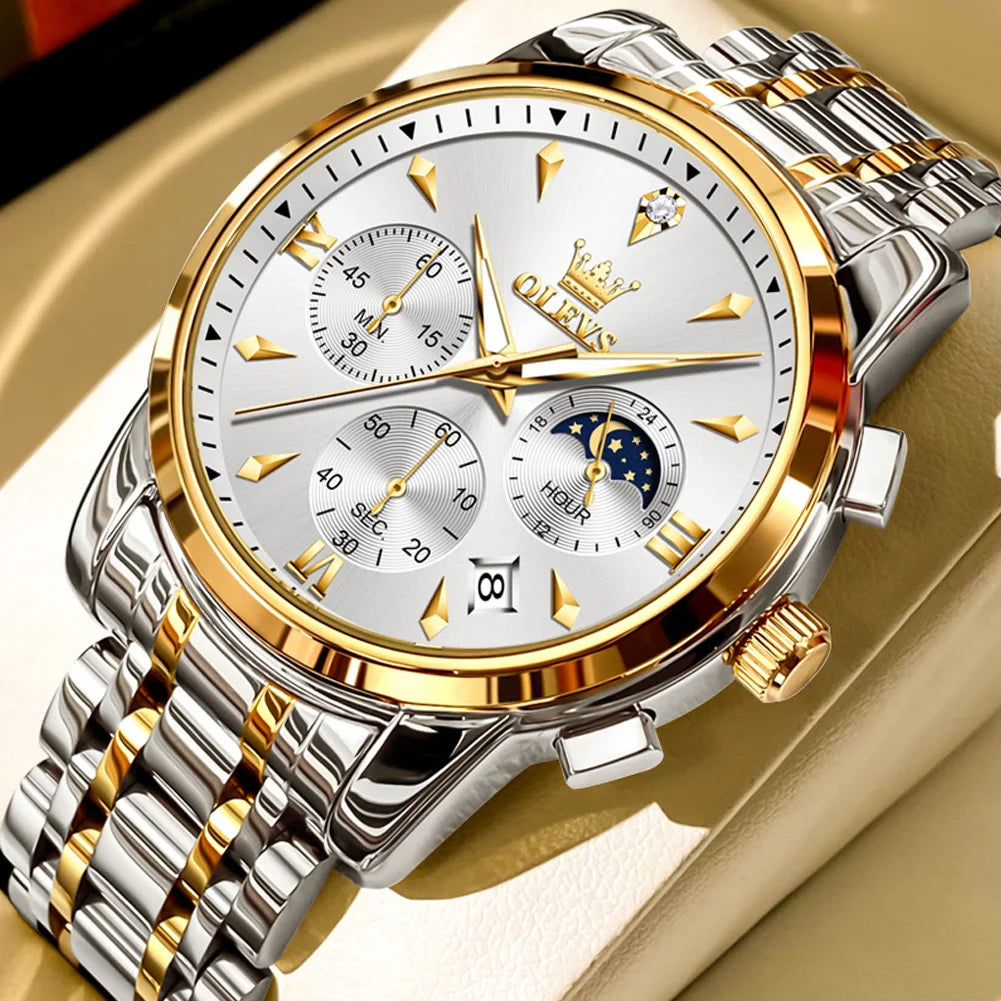 OLEVS 3639 Luxury Men's Watch Top Brand Moon Phase Chronograph Quartz Watches For Man Auto Date Fashion Waterproof Man Clock