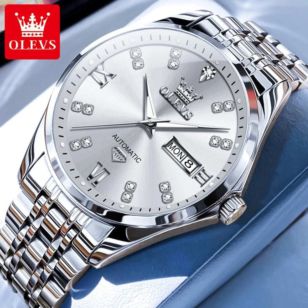 OLEVS 9801 Herrenuhr Wasserdicht Dual Kalender Luxus Mechanische Uhr Für Männer Diamant Zifferblatt Edelstahl Automatische Armbanduhr