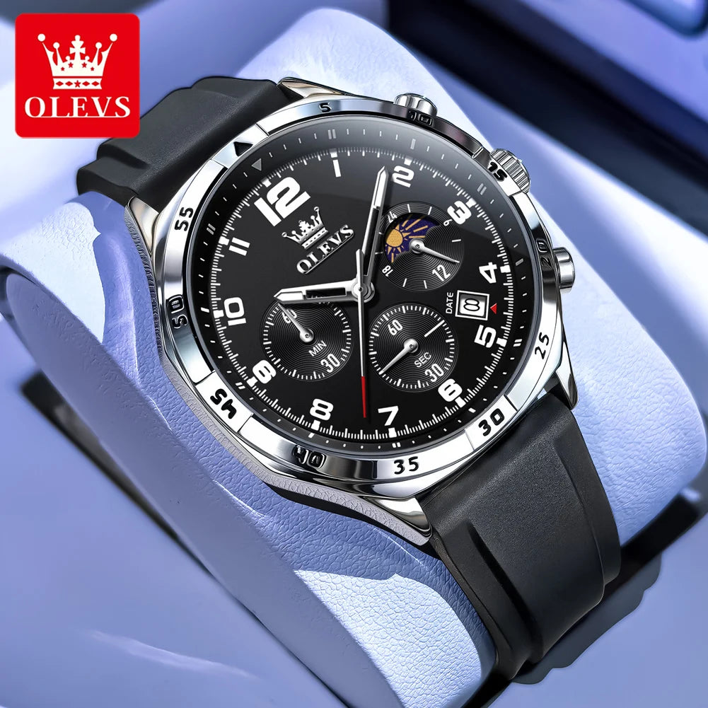 OLEVS 2986 Herrenuhr 42MM Mondphase Datum Quarzuhr für Herren Ziffernskala Wasserdichtes Silikonarmband Uhr Original