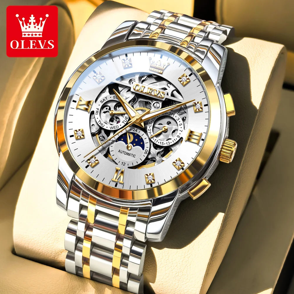 OLEVS 6721 Herrenuhr Mondphase Original Mechanische Herrenuhr Hohl Skeleton Automatisches Datum Wasserdichtes Diamant-Zifferblatt Zeigeruhr