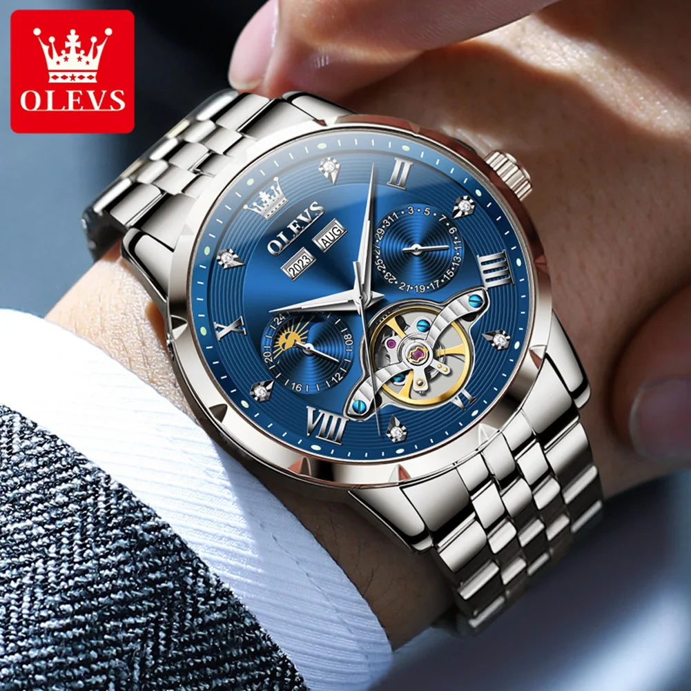 OLEVS 6691 Herrenuhren Luxus Römische Skala Mechanische Uhr für Herren Moonswatch Hohl Schwungrad Kalender Wasserdichte Armbanduhr