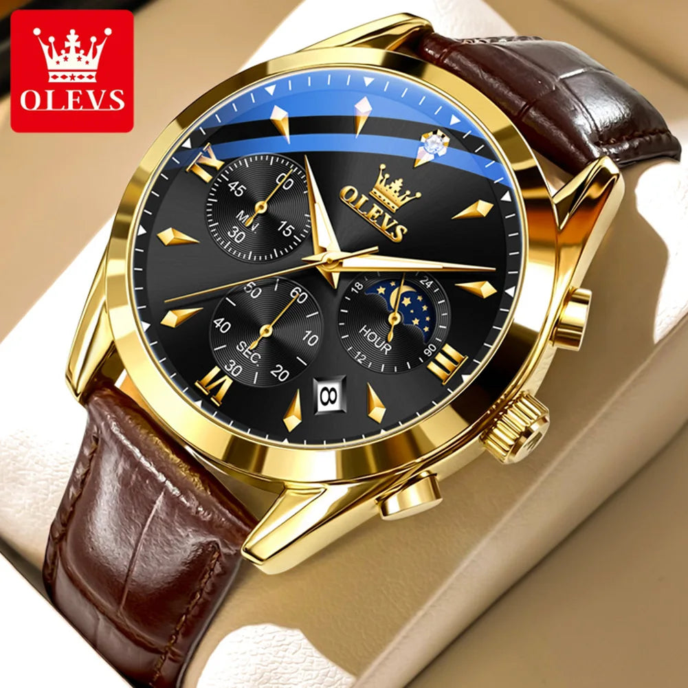 OLEVS 3609 Watch For Men Fashion Calendar Waterproof Luminous Male Hand Clock Chronograph Moon Phase Quartz Business Man Watches