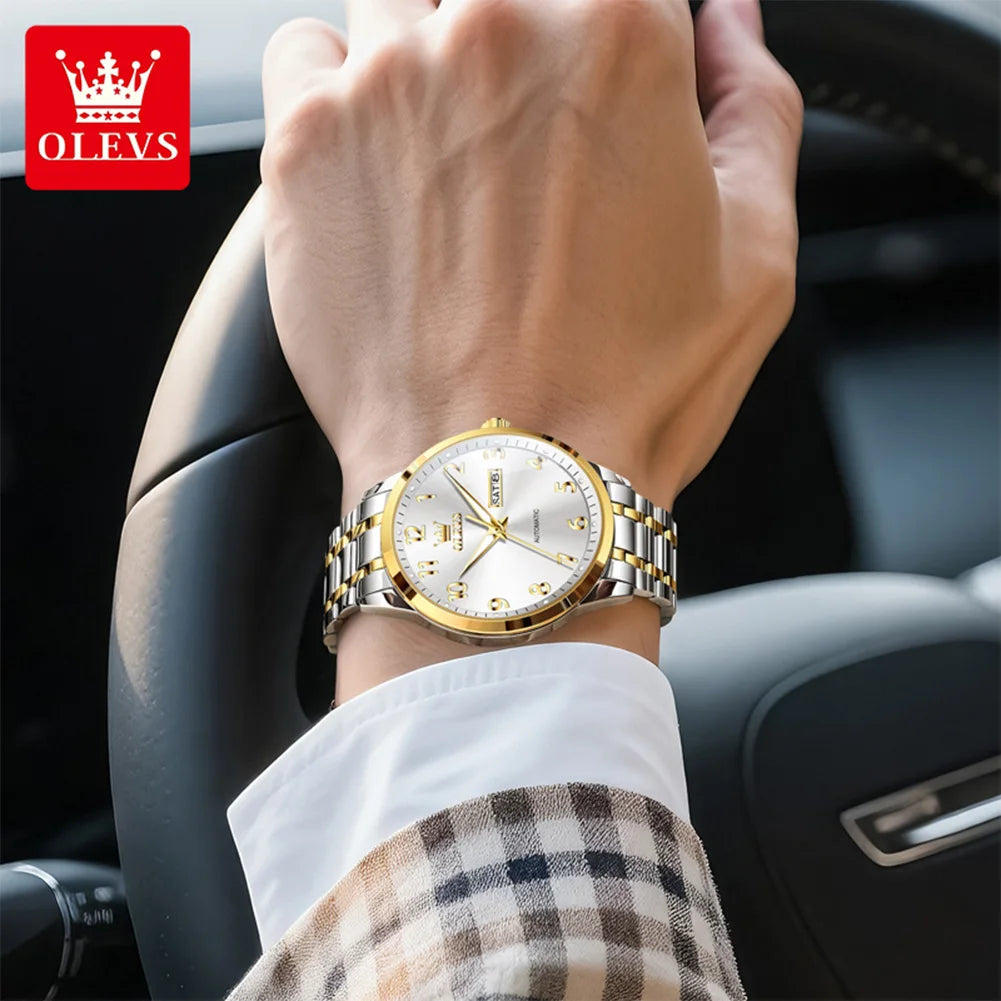 OLEVS 7078 Herren Automatikuhr Top-Marke Doppelte Kalender Mechanische Uhr Für Männer Ziffernblatt Business Armbanduhr Stahlarmband