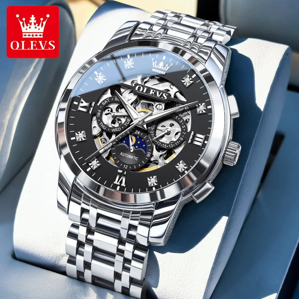 OLEVS 6721 Herrenuhr Mondphase Original Mechanische Herrenuhr Hohl Skeleton Automatisches Datum Wasserdichtes Diamant-Zifferblatt Zeigeruhr