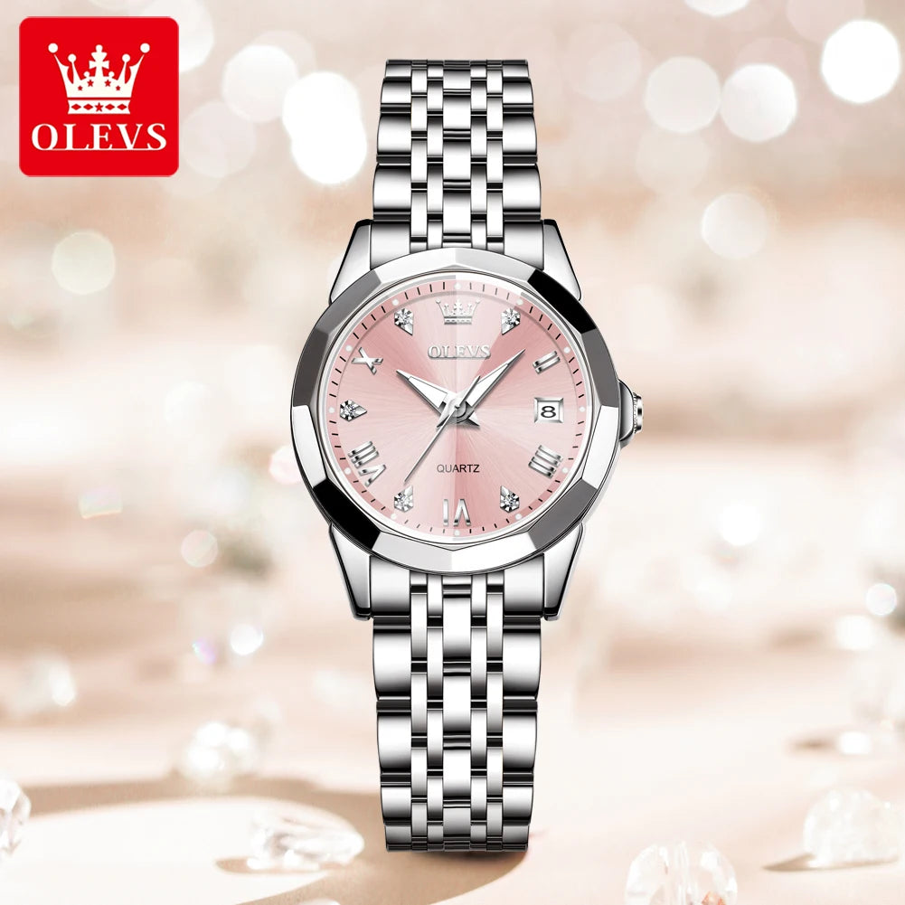 OLEVS 9931 Original Quarzuhren für Damen, Rauten-Spiegel, wasserdicht, leuchtend, Edelstahl-Armbanduhren, Kalender, Neu