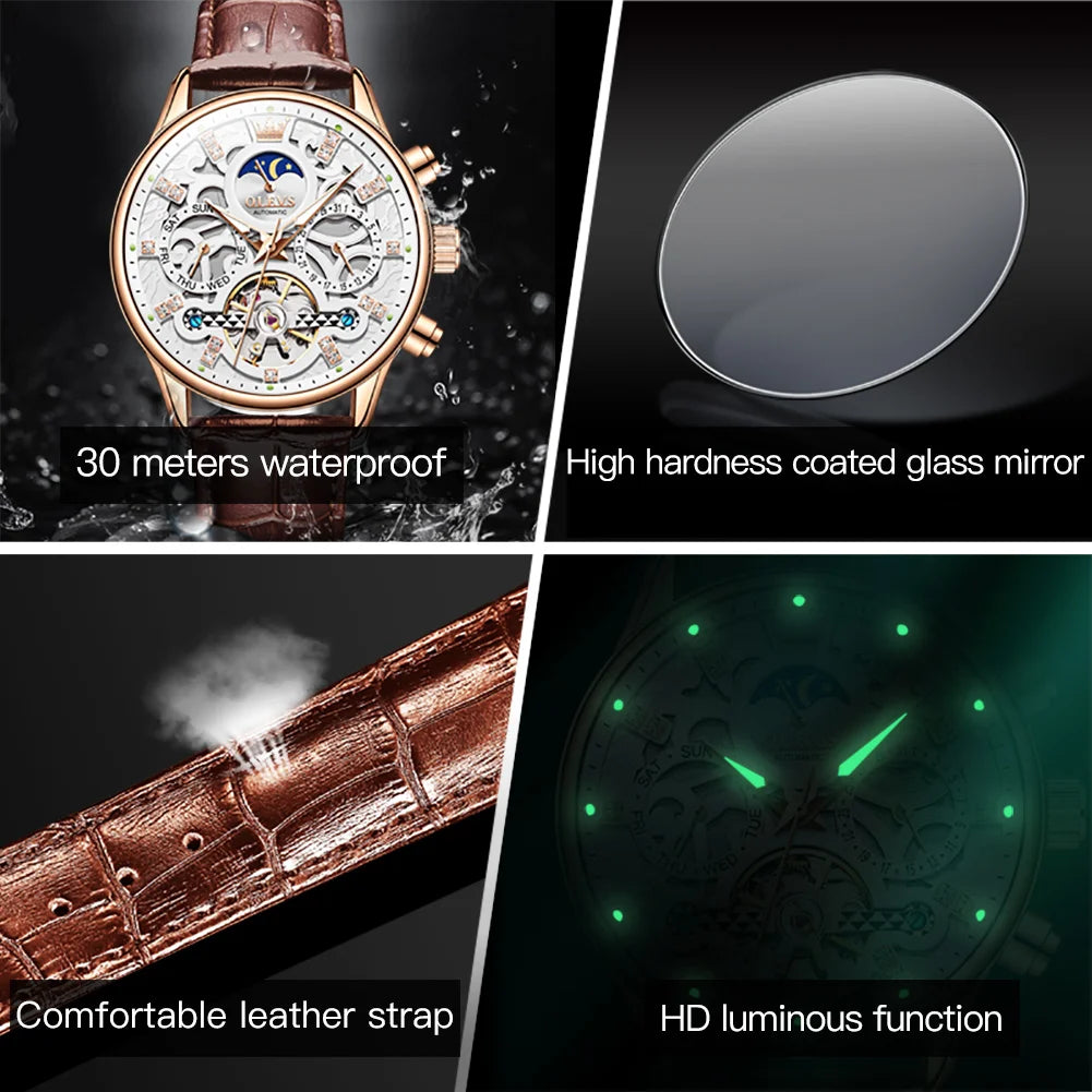 OLEVS 6658 Luxus Skelett-Schwungrad Automatische Mechanische Uhr Moonswatch Wasserdichte Armbanduhr Für Herren Geschenkbox Handuhr