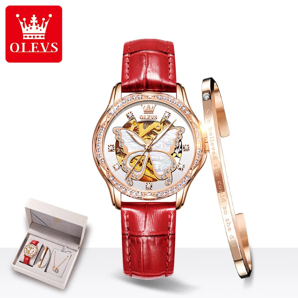 OLEVS 6622 Uhr für Damen, Schmetterlingszifferblatt, Luxus-Mechanik-Damenuhr, wasserdicht, leuchtend, Diamant, Damen, Automatik-Handuhr