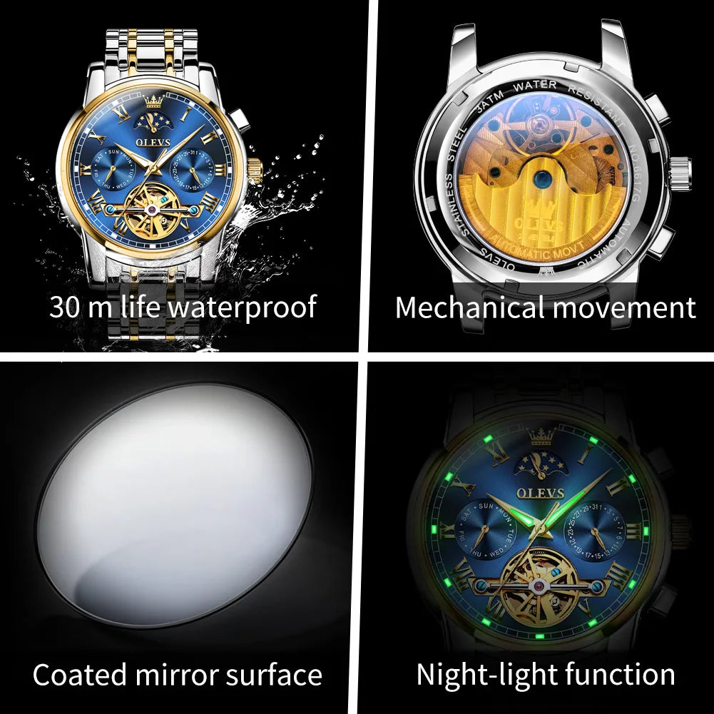 OLEVS Herrenuhren Mondphase Luxus-Edelstahl-Schwungrad Mechanische Handuhr Datum Wasserdicht Leuchtende Herrenuhr 6617