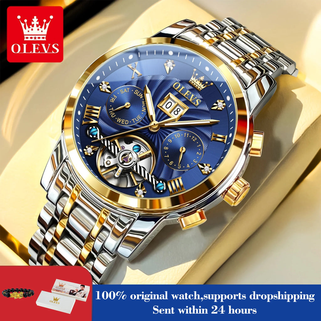 OLEVS 9910 Automatikuhr für Herren, mechanische Herrenarmbanduhr, luxuriöse Skelettuhr aus Edelstahl, wasserdicht, Original Herrenuhr