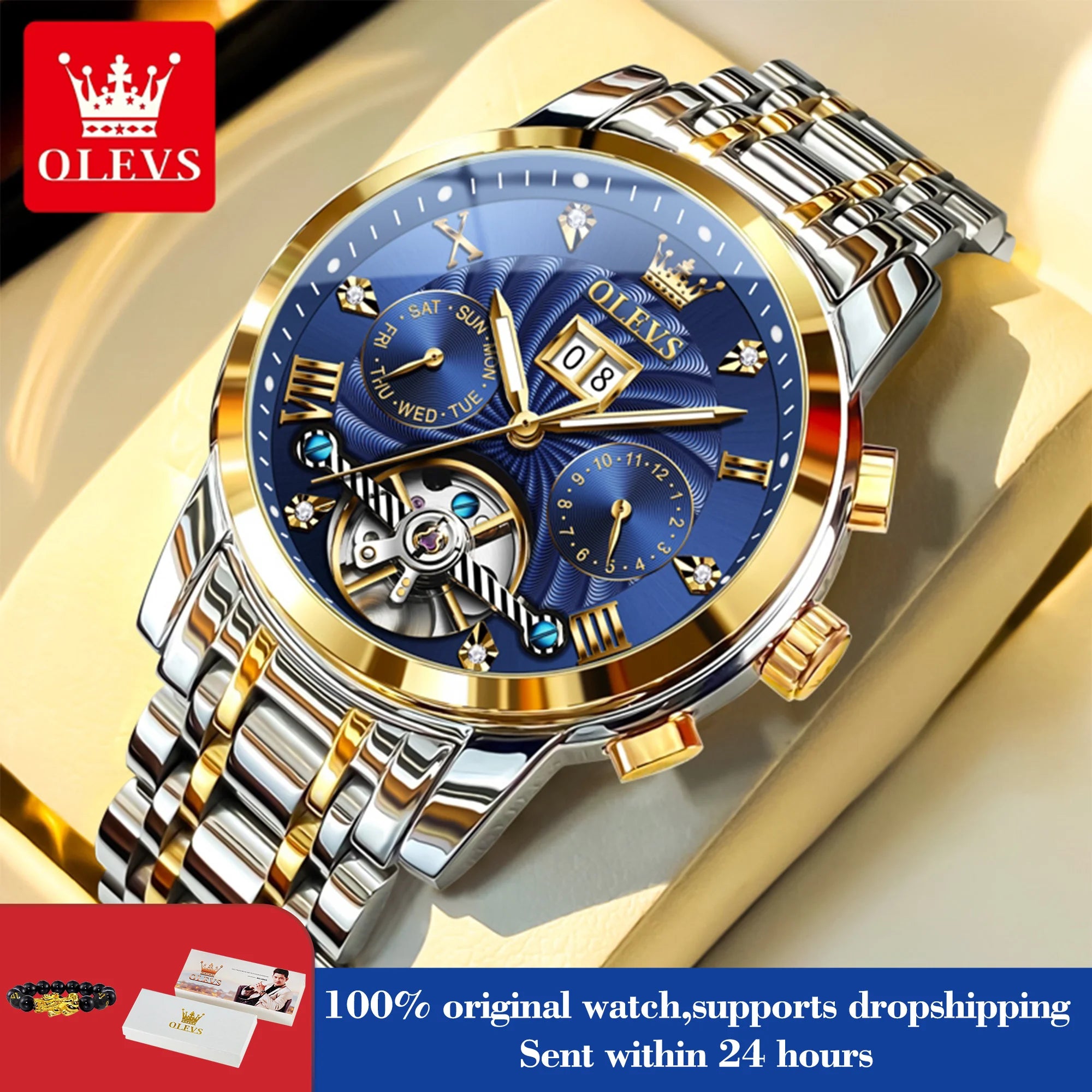 OLEVS 9910 Automatikuhr für Herren, mechanische Herrenarmbanduhr, luxuriöse Skelettuhr aus Edelstahl, wasserdicht, Original Herrenuhr