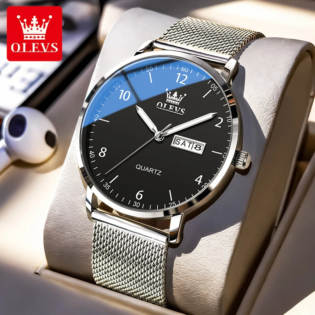 OLEVS 2996 Neue Uhren Herren Original Wochentag Quarzarmbanduhren Wasserdichte Leuchtuhren für Herren Geschenkbox Slim Reloj