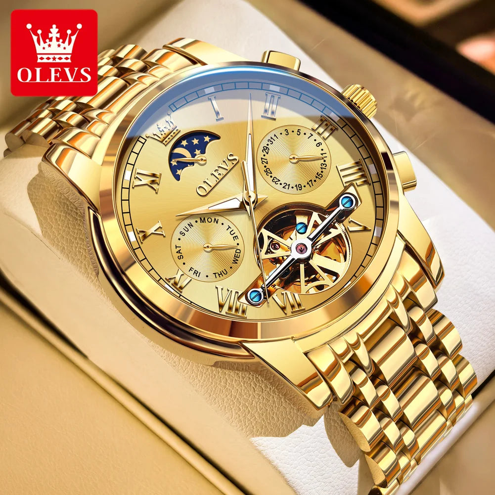 OLEVS Herrenuhren Mondphase Luxus-Edelstahl-Schwungrad Mechanische Handuhr Datum Wasserdicht Leuchtende Herrenuhr 6617