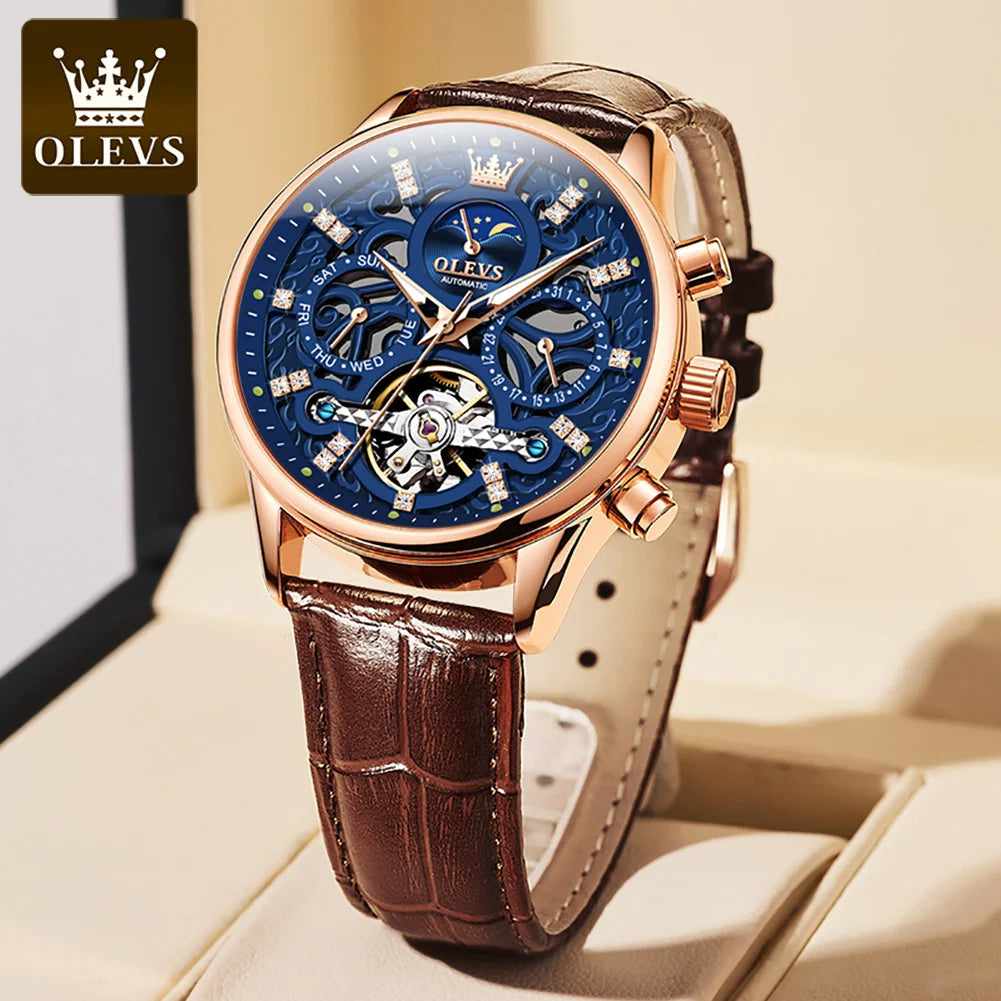OLEVS 6658 Luxus Skelett-Schwungrad Automatische Mechanische Uhr Moonswatch Wasserdichte Armbanduhr Für Herren Geschenkbox Handuhr