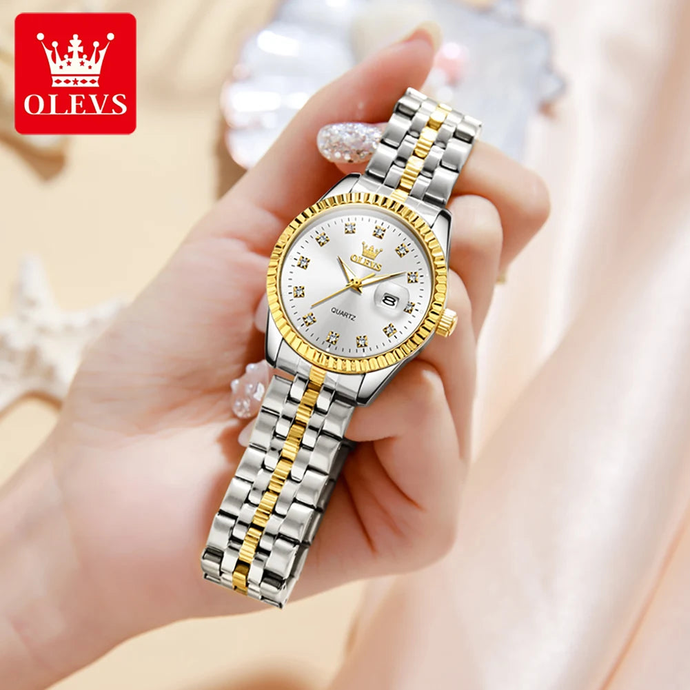 OLEVS 5526 Damenuhr Luxus-Kalenderuhr für Damen Original Leuchtend Wasserdicht Edelstahl Quarz Damenuhr