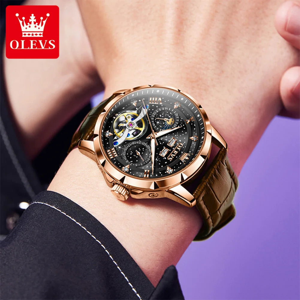 OLEVS 6690 Herrenuhr, hohle Mode-Datumsuhr, mechanische Uhr für Männer, Mondphase, tief wasserdicht, leuchtend, Original Herren Armbanduhr