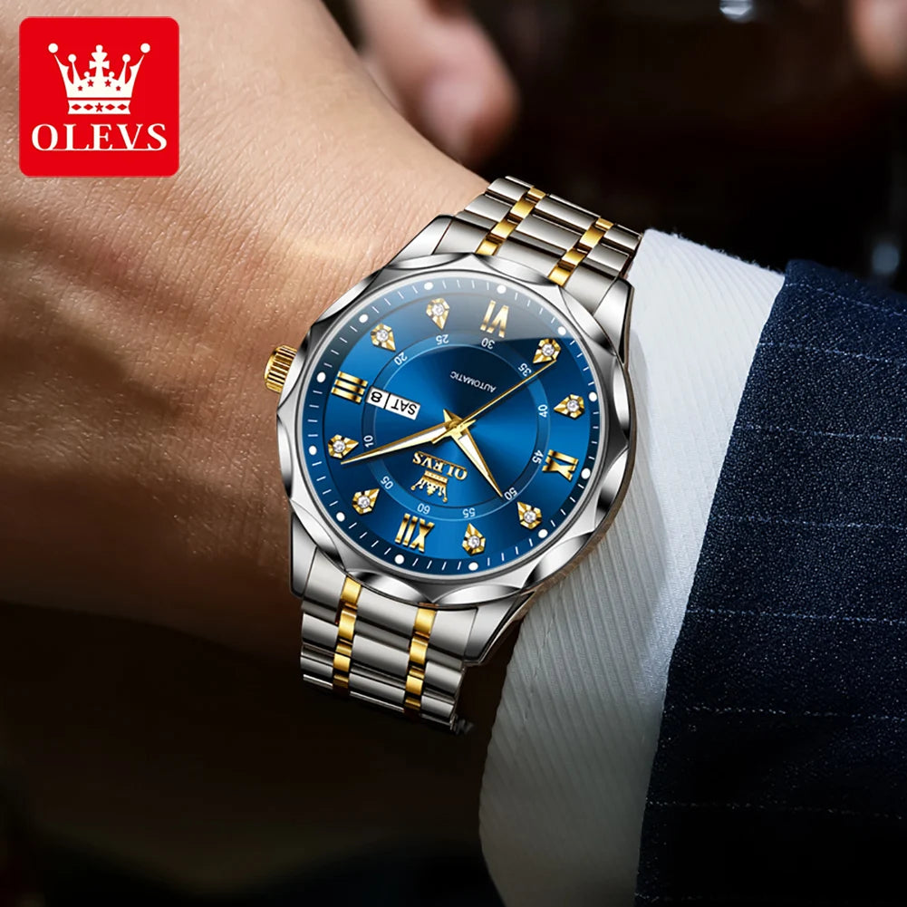 OLEVS 6727 Herren Automatikuhr Luxus Dual Kalender Mechanische Armbanduhr für Herren Zirkonskala Edelstahlarmband Wasserdichte Herrenuhr