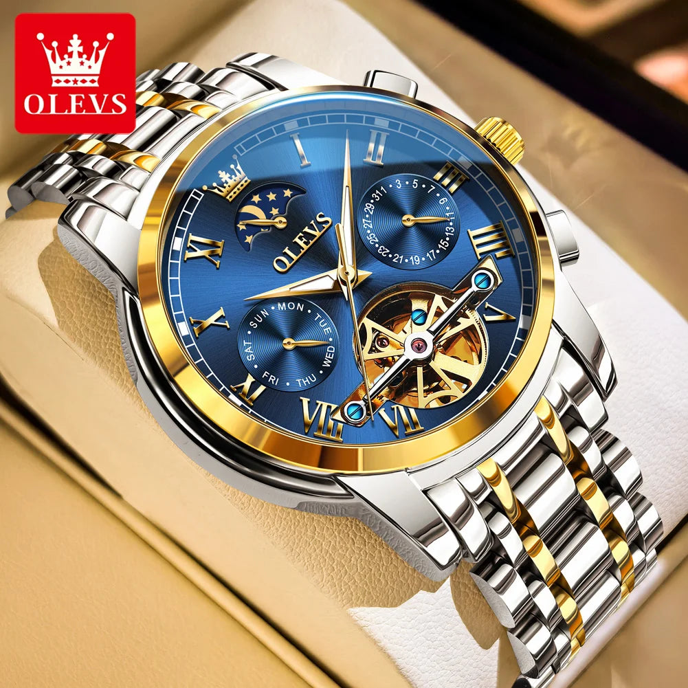 OLEVS Herrenuhren Mondphase Luxus-Edelstahl-Schwungrad Mechanische Handuhr Datum Wasserdicht Leuchtende Herrenuhr 6617