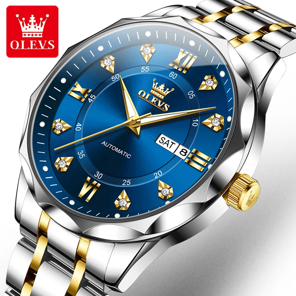 OLEVS 6727 Herren Automatikuhr Luxus Dual Kalender Mechanische Armbanduhr für Herren Zirkonskala Edelstahlarmband Wasserdichte Herrenuhr