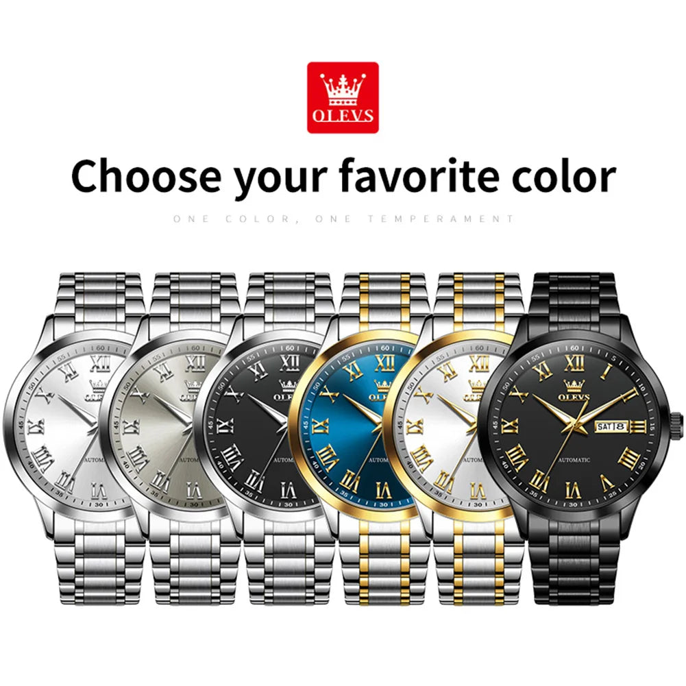 OLEVS 7075 Uhren für Herren Luxus Original Mechanische Uhr für Herren Wochenkalender Wasserdicht Automatische Armbanduhr Edelstahlarmband