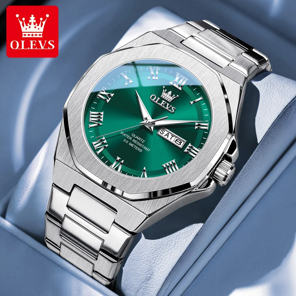 OLEVS 3727 Herrenuhren Wasserdicht Leuchtend Wochentag Datum Quarzuhr Edelstahl Luxusuhren für Männer Hochwertige Uhr