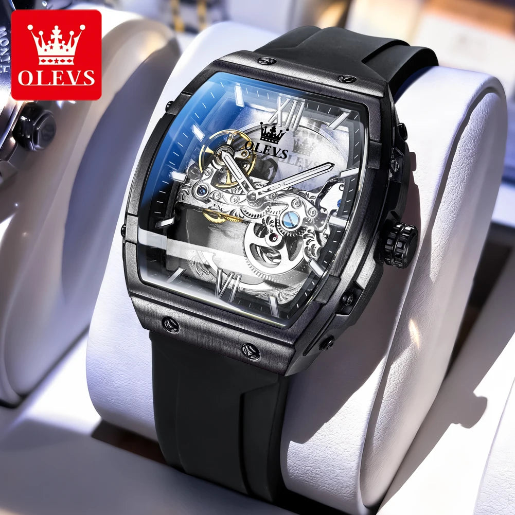 OLEVS 6779 Herrenuhr Skelett Luxus Tonneau Mechanische Uhren für Männer Wasserdichtes Silikonarmband Automatische Handaufzugsuhr Geschenkbox